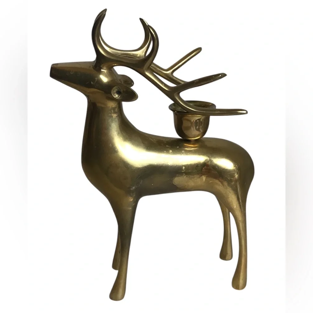 Pottery Barn Brass Reindeer Candle Holders 8” Vintage Christmas Taper Pair